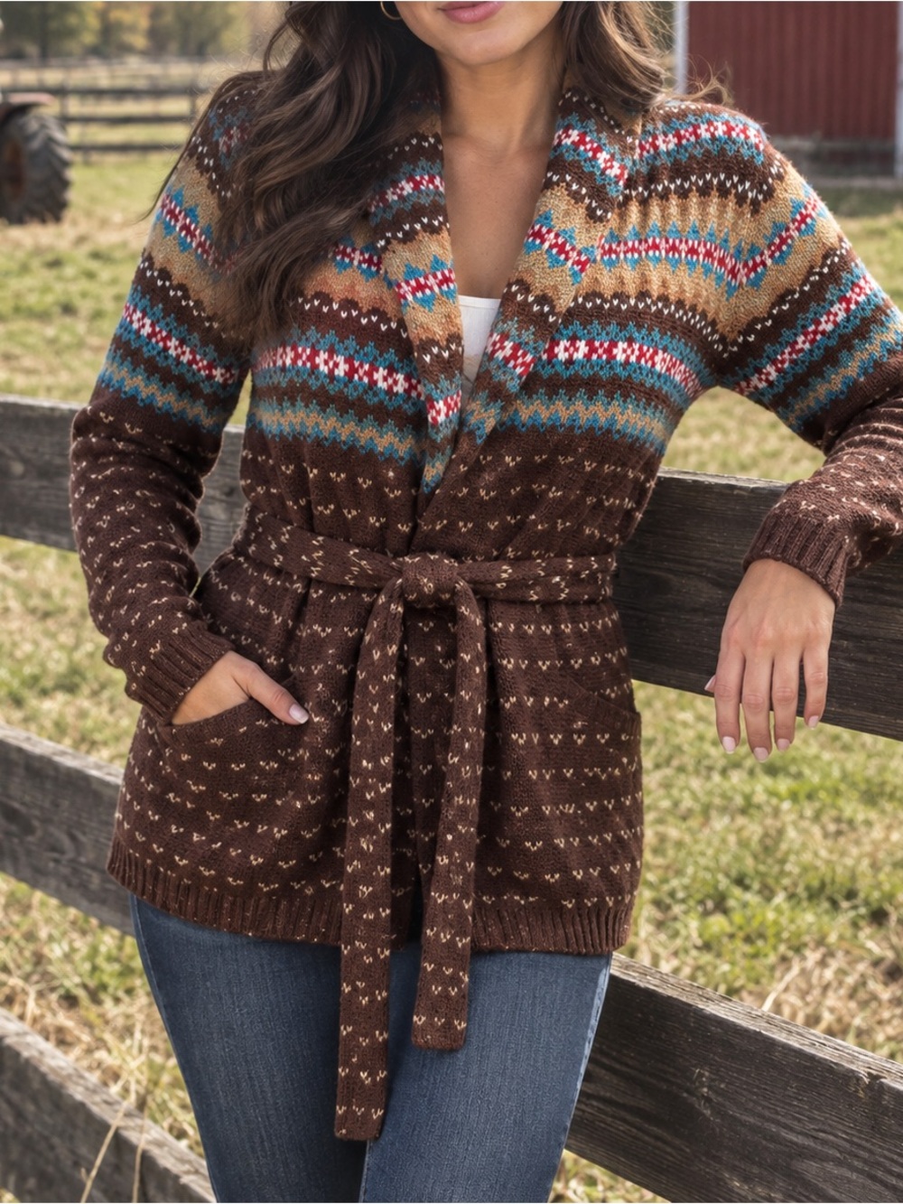 Vtg Women’s Chaps Western knit Sweater Open belted Cardigan Sz Small Y2K Cotton